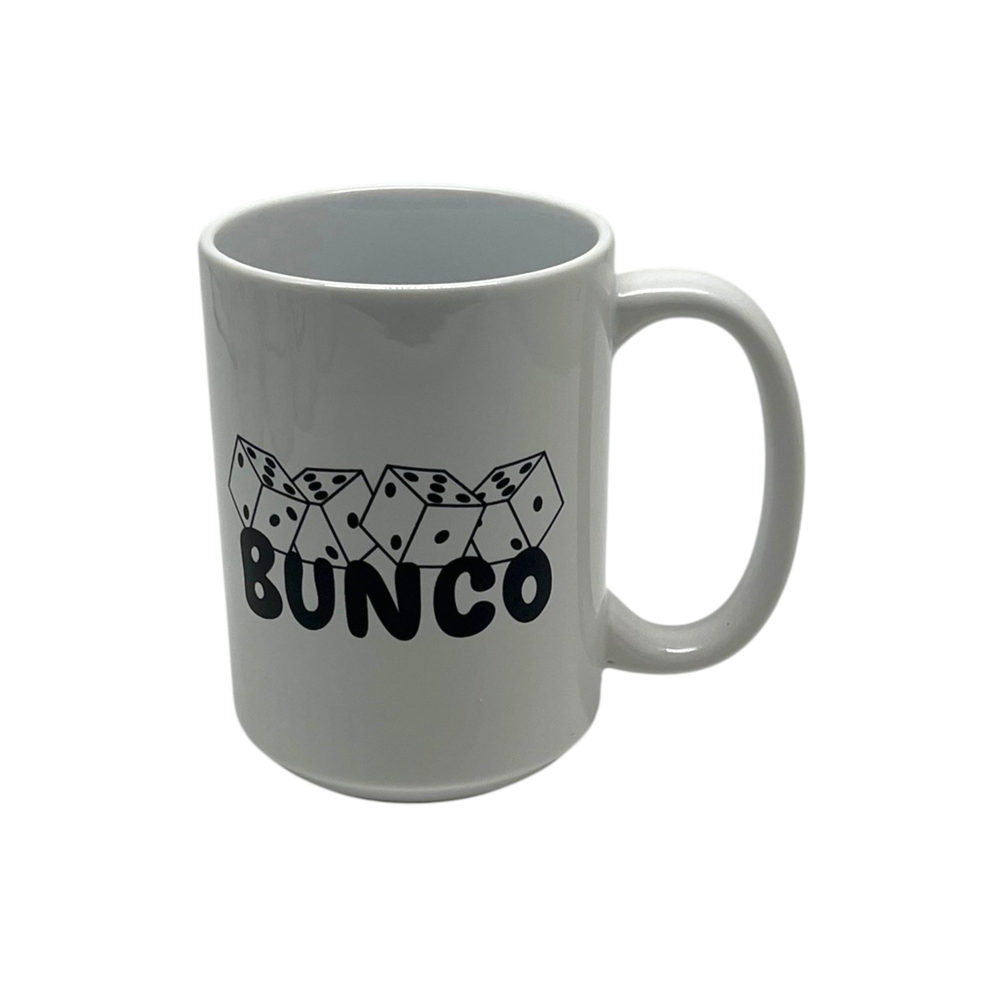 Bunco Toss 15 ounce white mug with bold black Bunco lettering and tumbling dice artwork