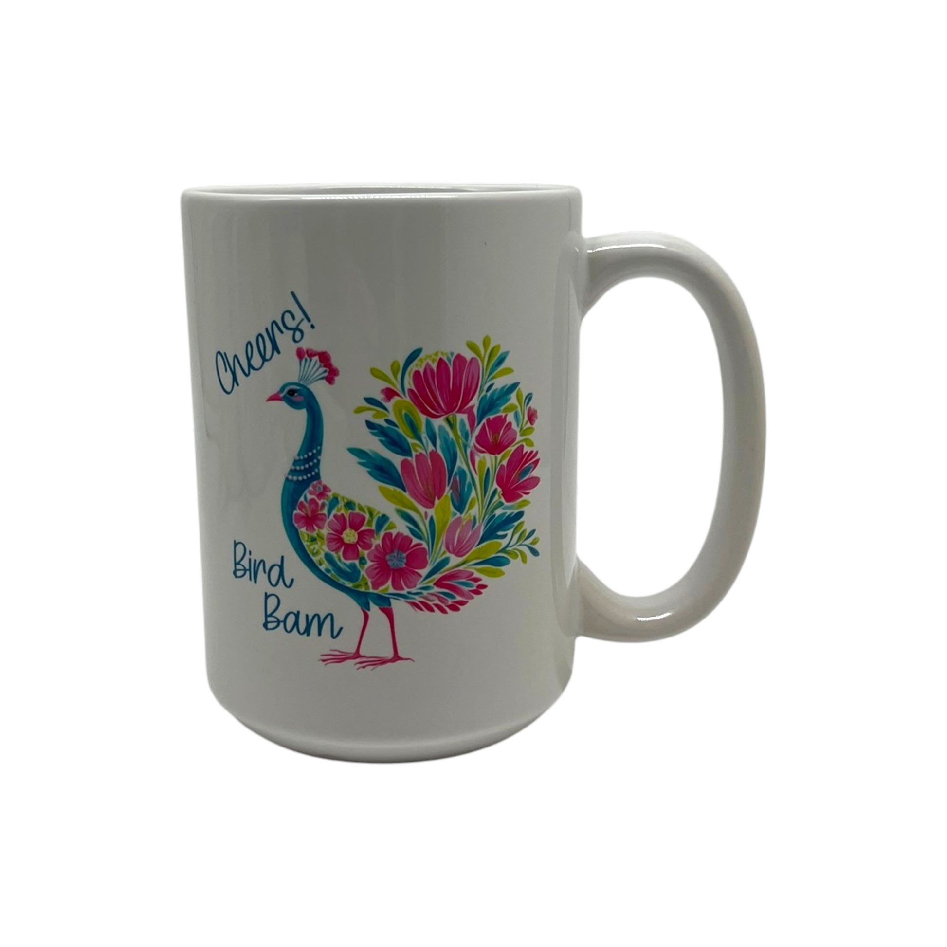 Fancy Bird Bam Mahjong 15 ounce white mug with colorful floral peacock-inspired bird, Cheers lettering and Bird Bam design