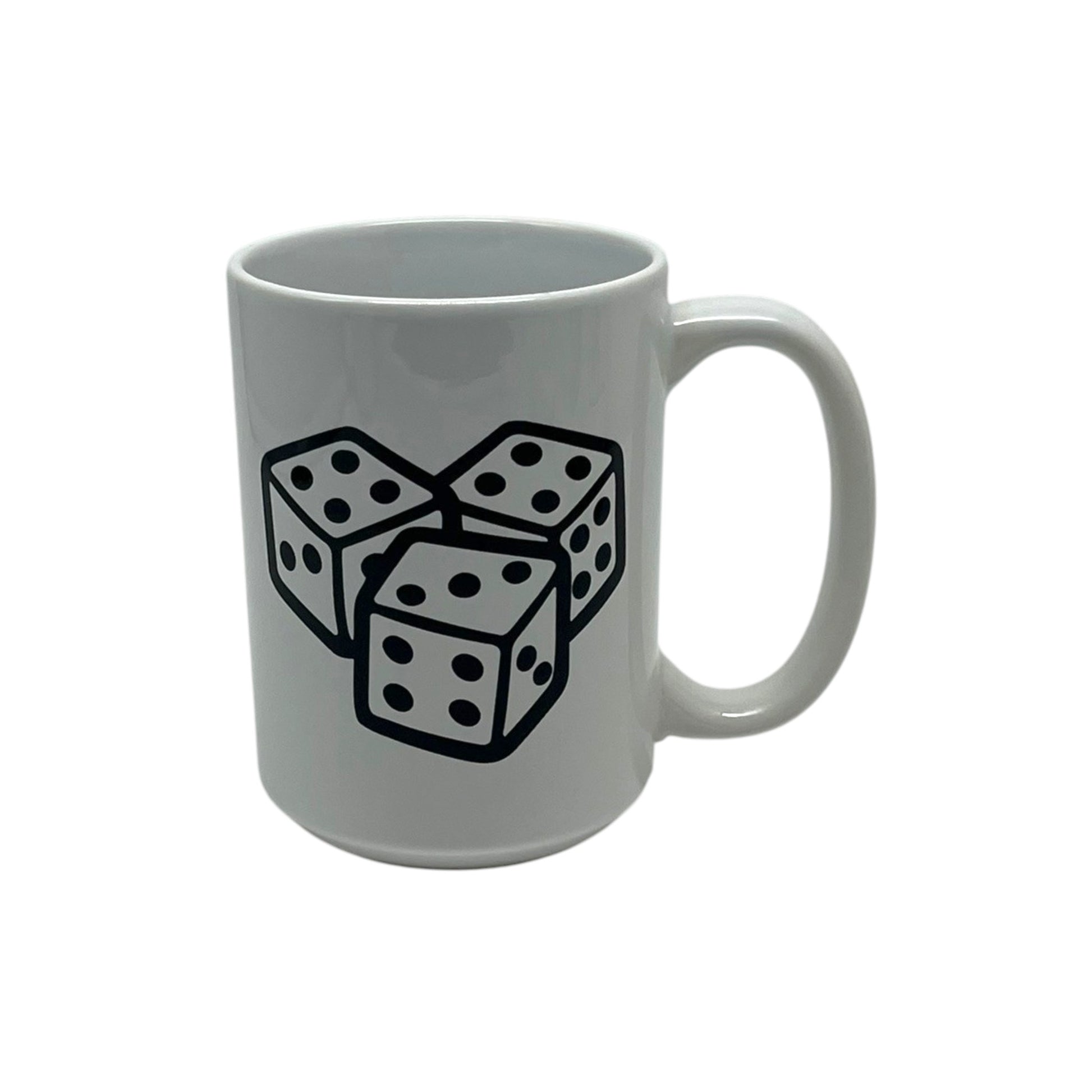 Lucky Roll white coffee mug featuring three bold black and white dice
