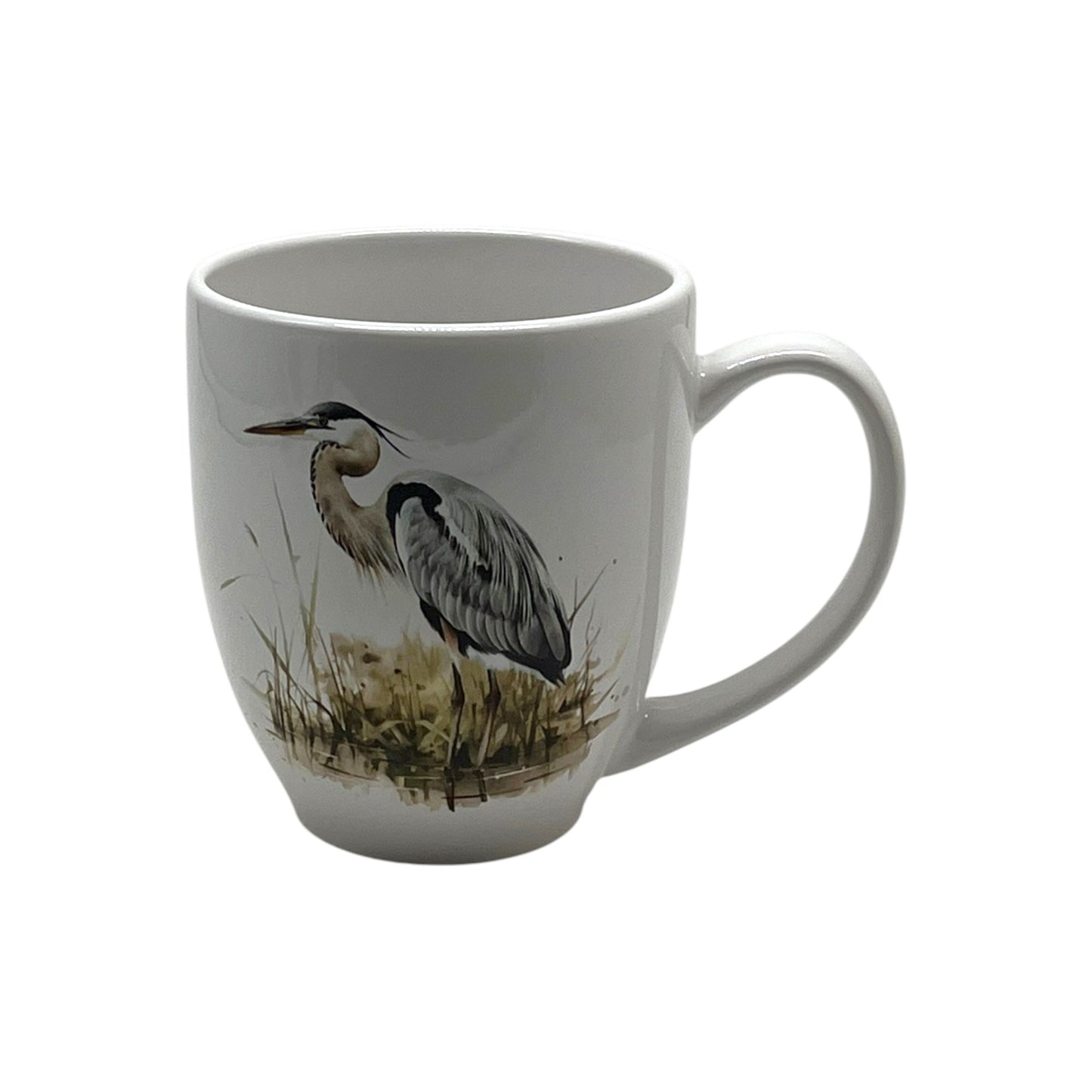 White 16-ounce stoneware bistro mug featuring a blue heron standing among softly painted marsh reeds and reflective water.