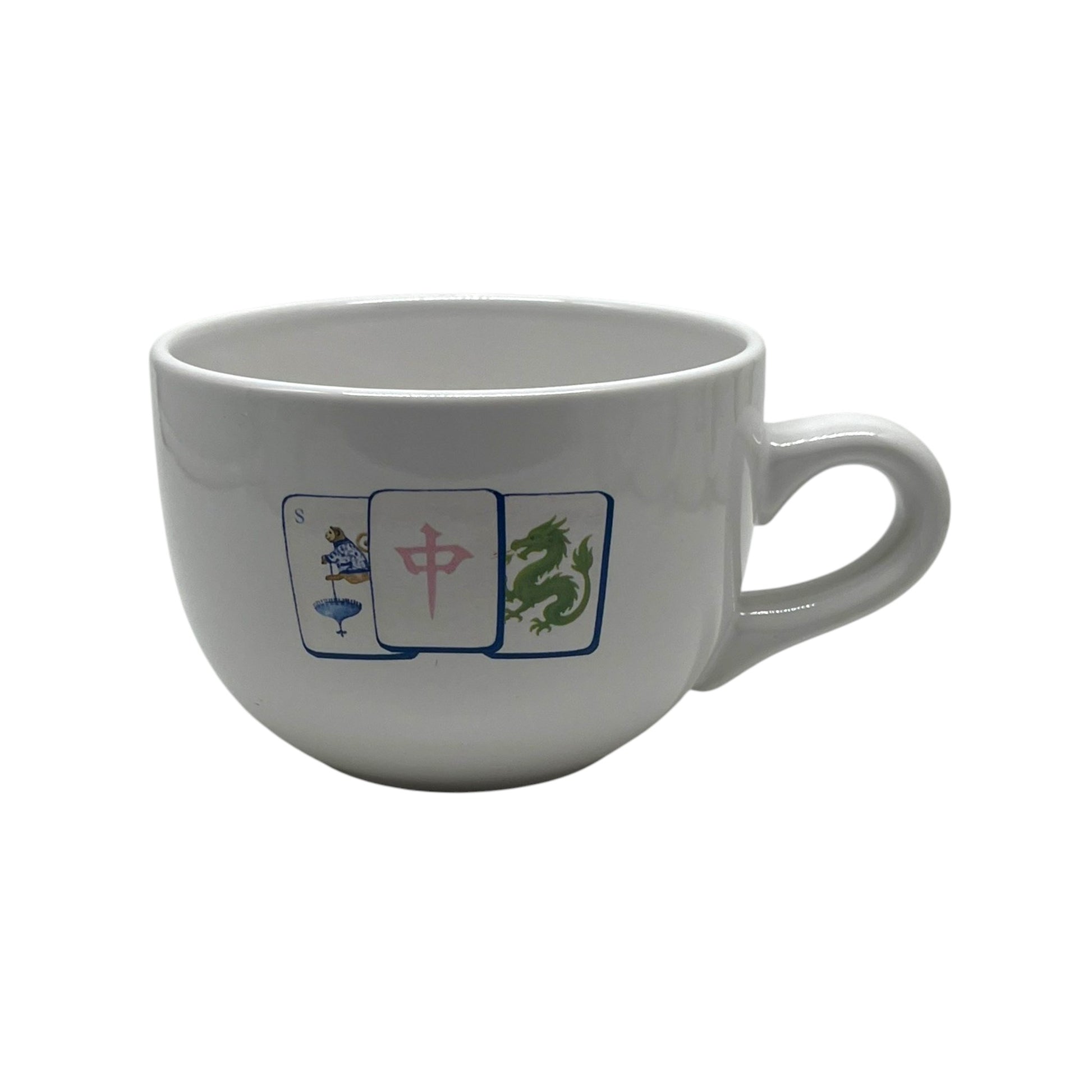 Lucky Trio Mahjong 24 ounce white soup mug with blue pink and green mahjong tile artwork and handle