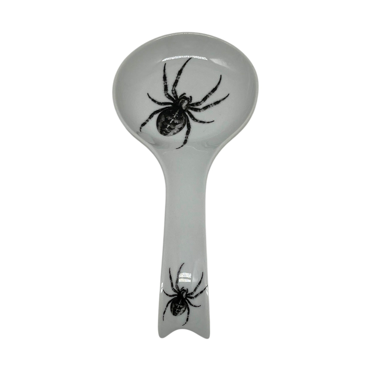 Midnight Spider Halloween long spoon rest featuring detailed black-and-white spider artwork on the bowl and handle