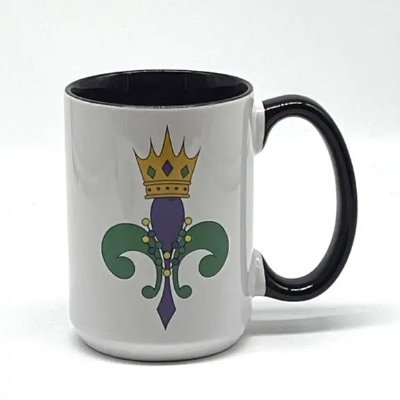 Mardi Gras Fleur de Lis Mug, 15 oz. (purple handle and interior) JD & Company